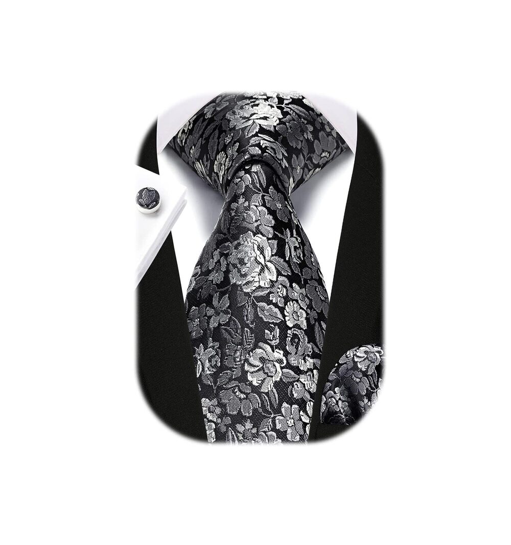 2463 Ties Black Tie Handkerchief Cufflinks Set Silver Floral Tie Silk Woven